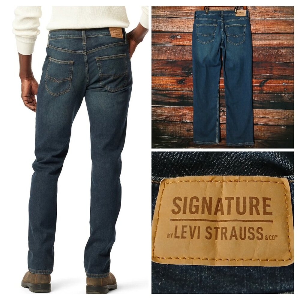 Signature Levis Jeans Mens 34X30 Straight Fit Dark Blue Denim Stretch